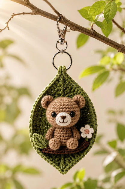 Crochet Animal Leaf Keychain, Owl Cow Tiger Bear Bag Charm, Handmade Car Charm, Cute Woodland Gift, Animal Lover Gift