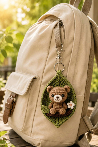 Crochet Animal Leaf Keychain, Owl Cow Tiger Bear Bag Charm, Handmade Car Charm, Cute Woodland Gift, Animal Lover Gift