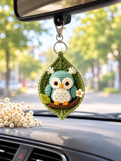 Crochet Animal Leaf Keychain, Owl Cow Tiger Bear Bag Charm, Handmade Car Charm, Cute Woodland Gift, Animal Lover Gift