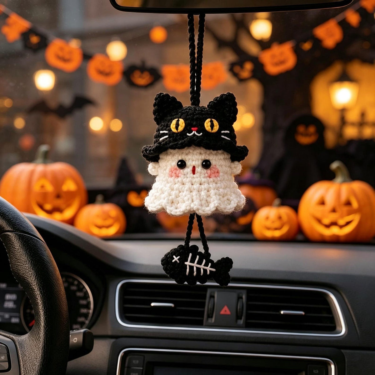 Handmade Crochet Ghost Car Charm, Halloween Rearview Mirror Hanging Ornament, Cute Ghost Car Accessory, Fall Holiday Gift