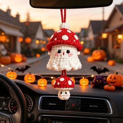 Handmade Crochet Ghost Car Charm, Halloween Rearview Mirror Hanging Ornament, Cute Ghost Car Accessory, Fall Holiday Gift
