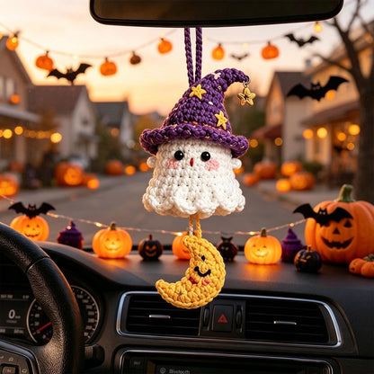 Handmade Crochet Ghost Car Charm, Halloween Rearview Mirror Hanging Ornament, Cute Ghost Car Accessory, Fall Holiday Gift