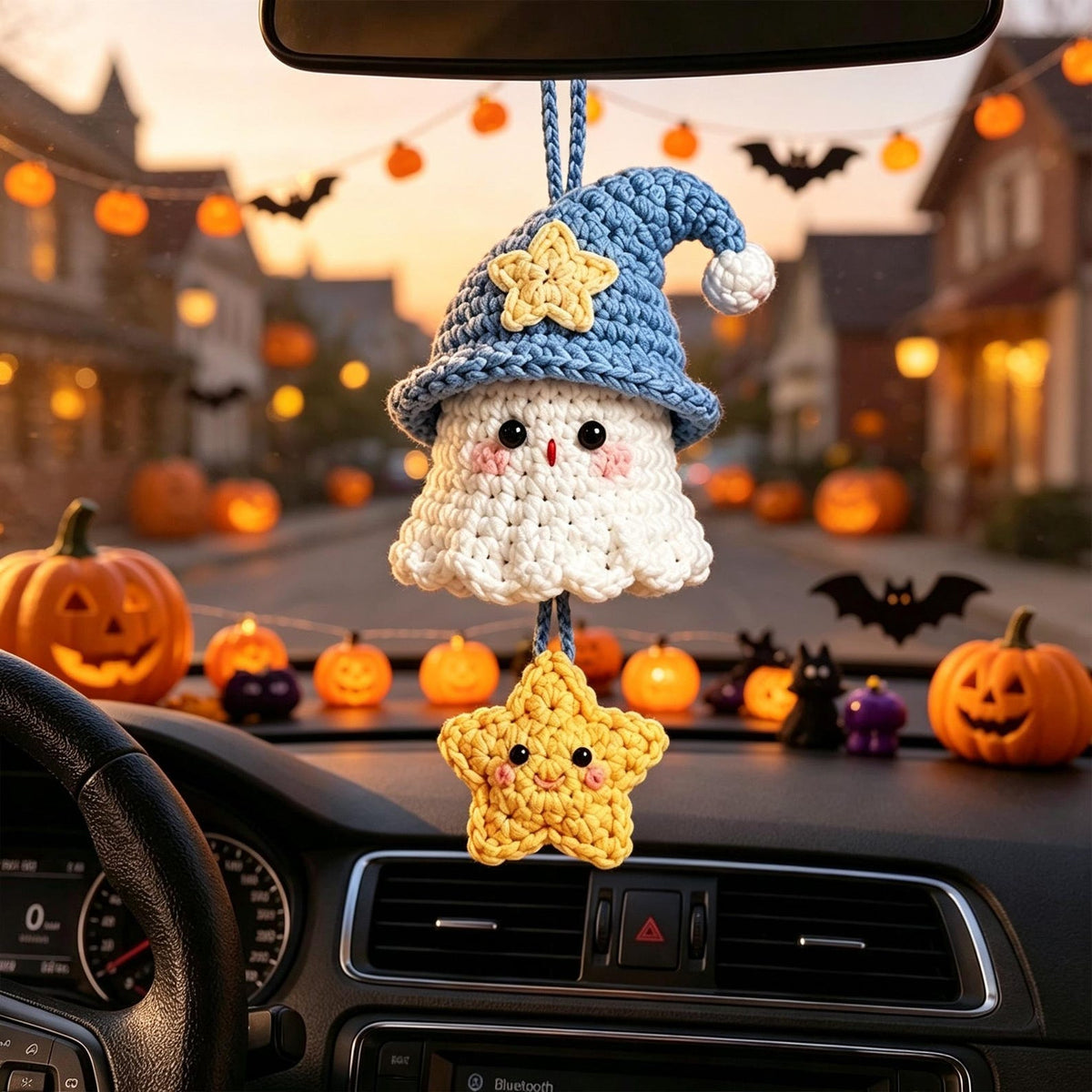 Handmade Crochet Ghost Car Charm, Halloween Rearview Mirror Hanging Ornament, Cute Ghost Car Accessory, Fall Holiday Gift