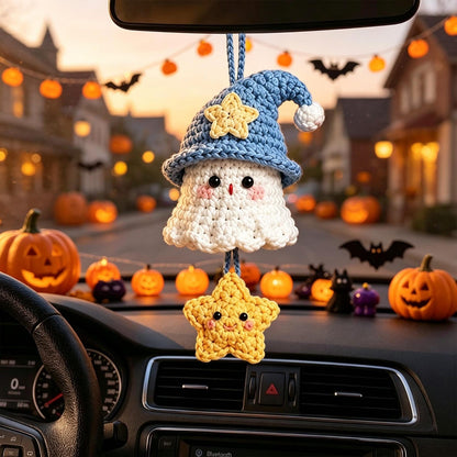 Handmade Crochet Ghost Car Charm, Halloween Rearview Mirror Hanging Ornament, Cute Ghost Car Accessory, Fall Holiday Gift