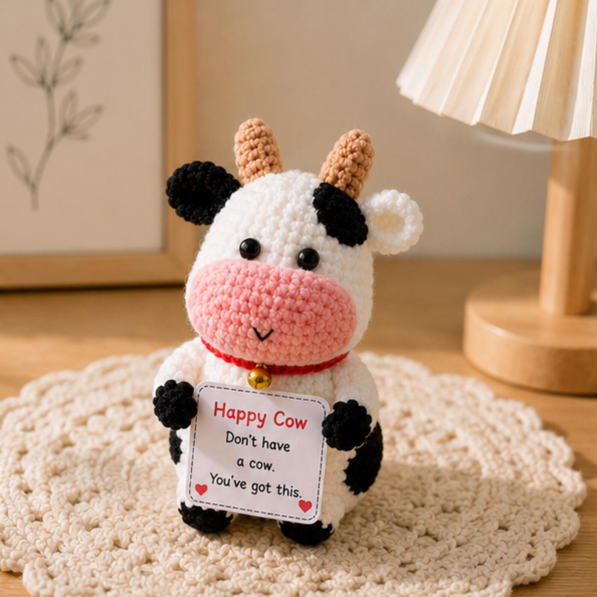 Crochet Cow Gift, Cute Encouragement Plush, Positive Message Keepsake, Cow Lover Birthday Gift for Friend Coworker Student Teacher