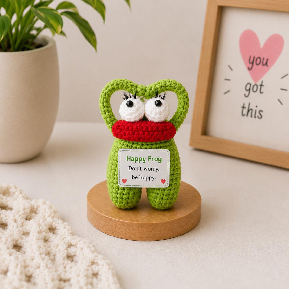 Crochet Frog Gift, Funny Encouragement Plush, Positive Message Desk Buddy, Cute Friendship Birthday Gift for Coworker Student Teacher