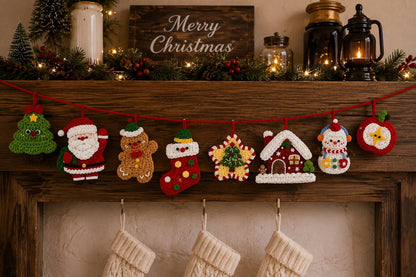 Crochet Christmas Garland, Handmade Holiday Banner, Santa Gingerbread Snowman Mantel Decor, Festive Home Hanging Decoration,  Xmas backdrops