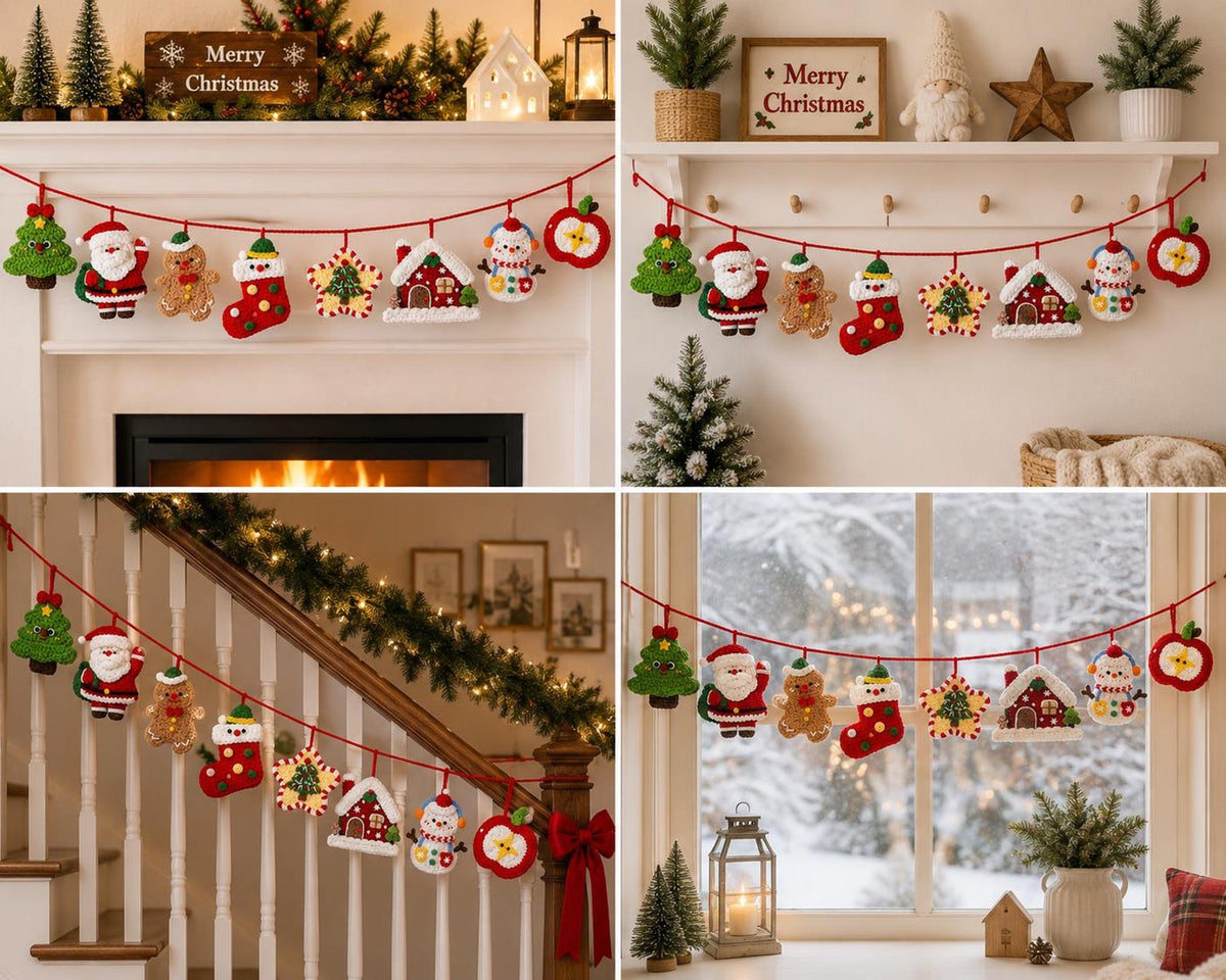 Crochet Christmas Garland, Handmade Holiday Banner, Santa Gingerbread Snowman Mantel Decor, Festive Home Hanging Decoration,  Xmas backdrops