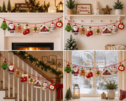 Crochet Christmas Garland, Handmade Holiday Banner, Santa Gingerbread Snowman Mantel Decor, Festive Home Hanging Decoration,  Xmas backdrops