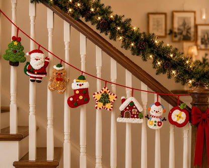 Crochet Christmas Garland, Handmade Holiday Banner, Santa Gingerbread Snowman Mantel Decor, Festive Home Hanging Decoration,  Xmas backdrops