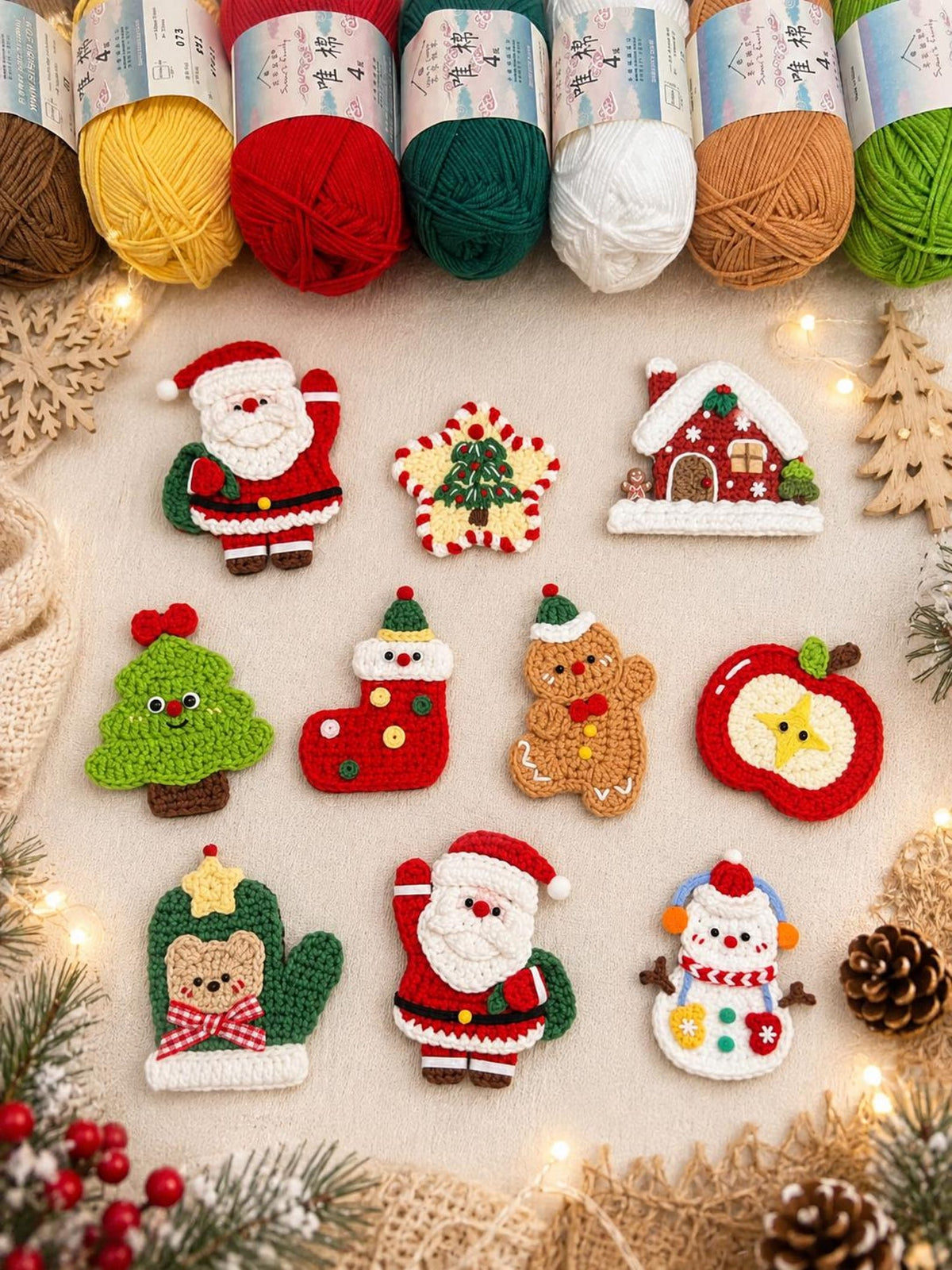 Crochet Christmas Garland, Handmade Holiday Banner, Santa Gingerbread Snowman Mantel Decor, Festive Home Hanging Decoration,  Xmas backdrops