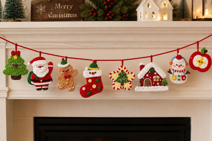 Crochet Christmas Garland, Handmade Holiday Banner, Santa Gingerbread Snowman Mantel Decor, Festive Home Hanging Decoration,  Xmas backdrops