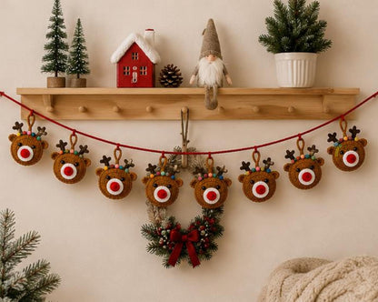 Crochet Reindeer Garland, Handmade Holiday Banner, Santa Gingerbread Snowman Mantel Decor, Festive Home Hanging Decoration,  Xmas backdrops