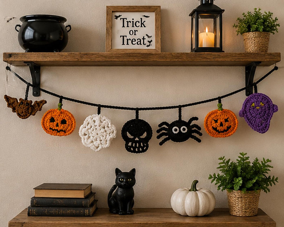 Crochet Halloween Garland, Spooky Mantel Banner, Pumpkin Ghost Bat Spider Decor, Handmade Fireplace Hanging for Halloween Party backdrops