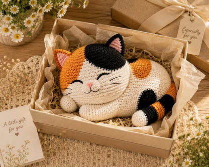 Crochet Calico Cat Plush, Handmade Sleeping Cat Amigurumi, Chubby Cat Stuffed Animal, Cat Lover Gift, Cozy Home Decor, Cute Kitty Gift