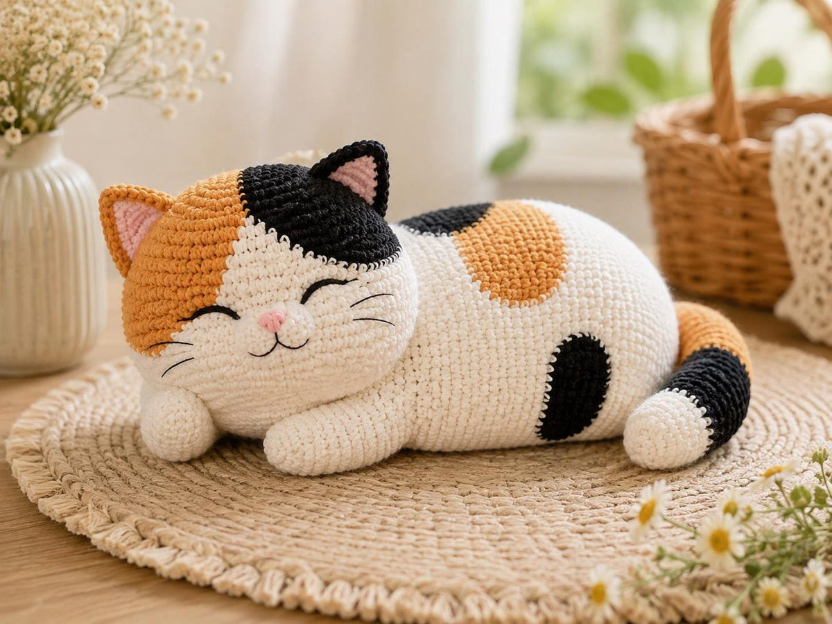 Crochet Calico Cat Plush, Handmade Sleeping Cat Amigurumi, Chubby Cat Stuffed Animal, Cat Lover Gift, Cozy Home Decor, Cute Kitty Gift