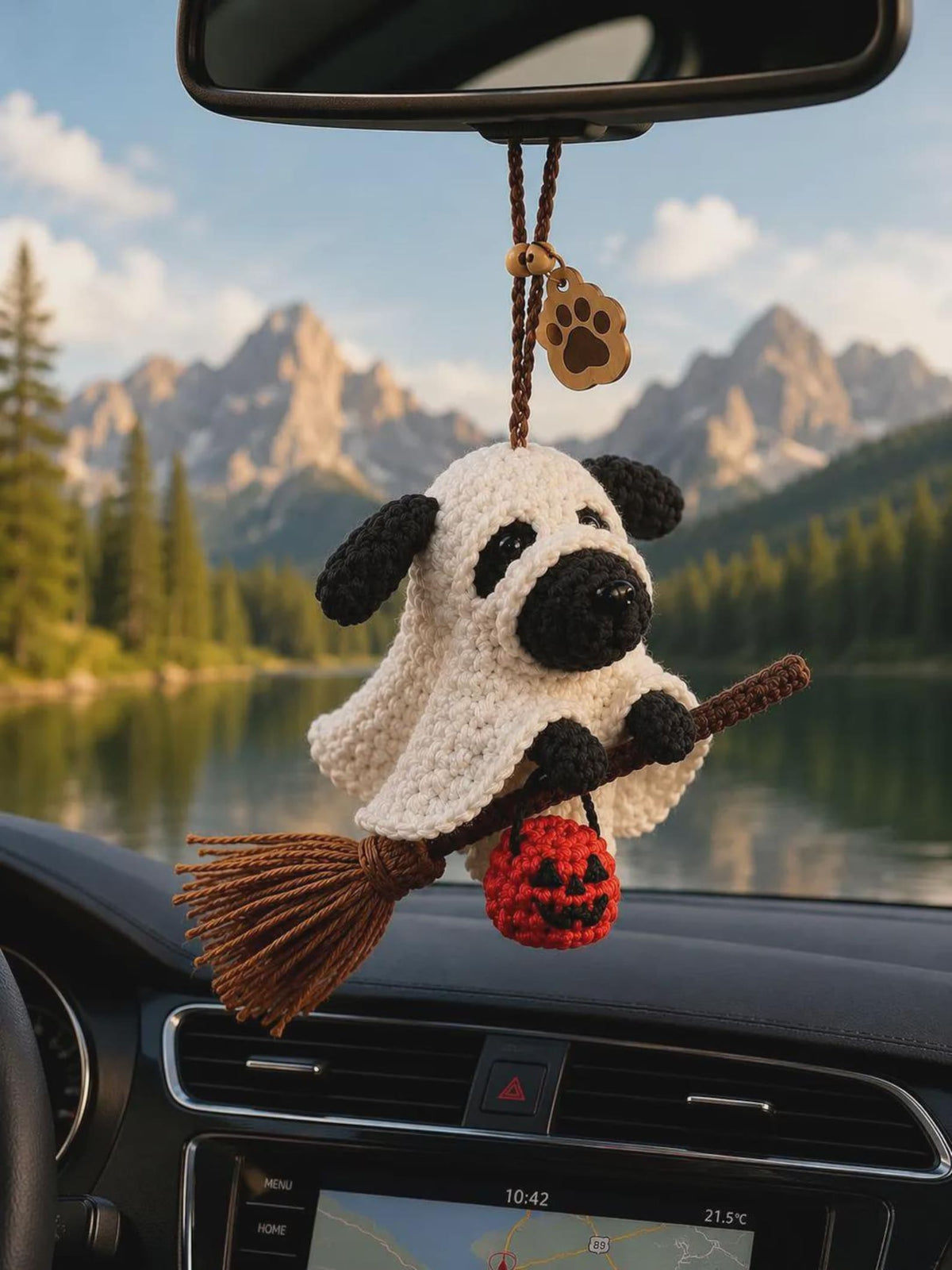 Crochet Ghost Dog with Pumpkin Basket, Halloween Decor – Cute Halloween Amigurumi Plush, Trick or Treat Home Decor Handmade Dog Lover Gift