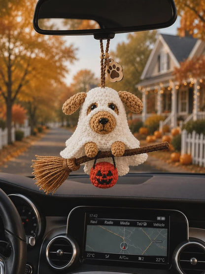 Crochet Ghost Dog with Pumpkin Basket, Halloween Decor – Cute Halloween Amigurumi Plush, Trick or Treat Home Decor Handmade Dog Lover Gift