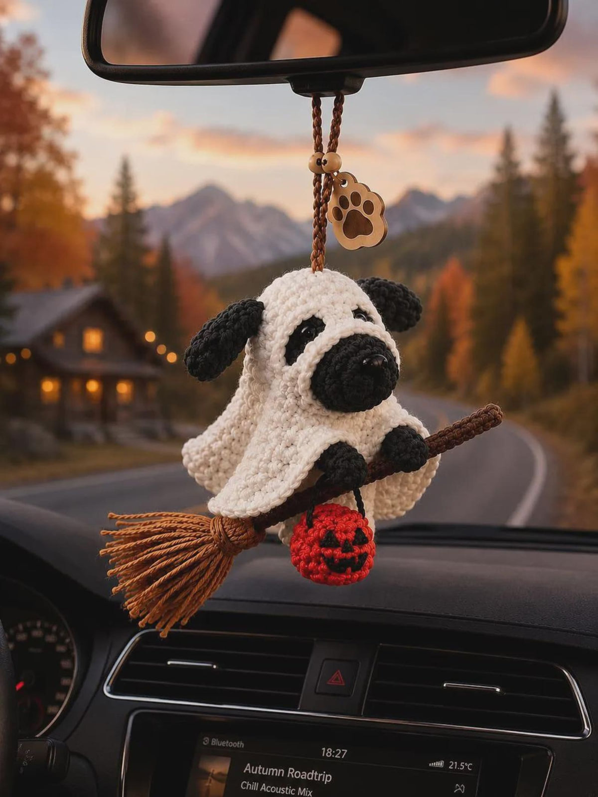 Crochet Ghost Dog with Pumpkin Basket, Halloween Decor – Cute Halloween Amigurumi Plush, Trick or Treat Home Decor Handmade Dog Lover Gift