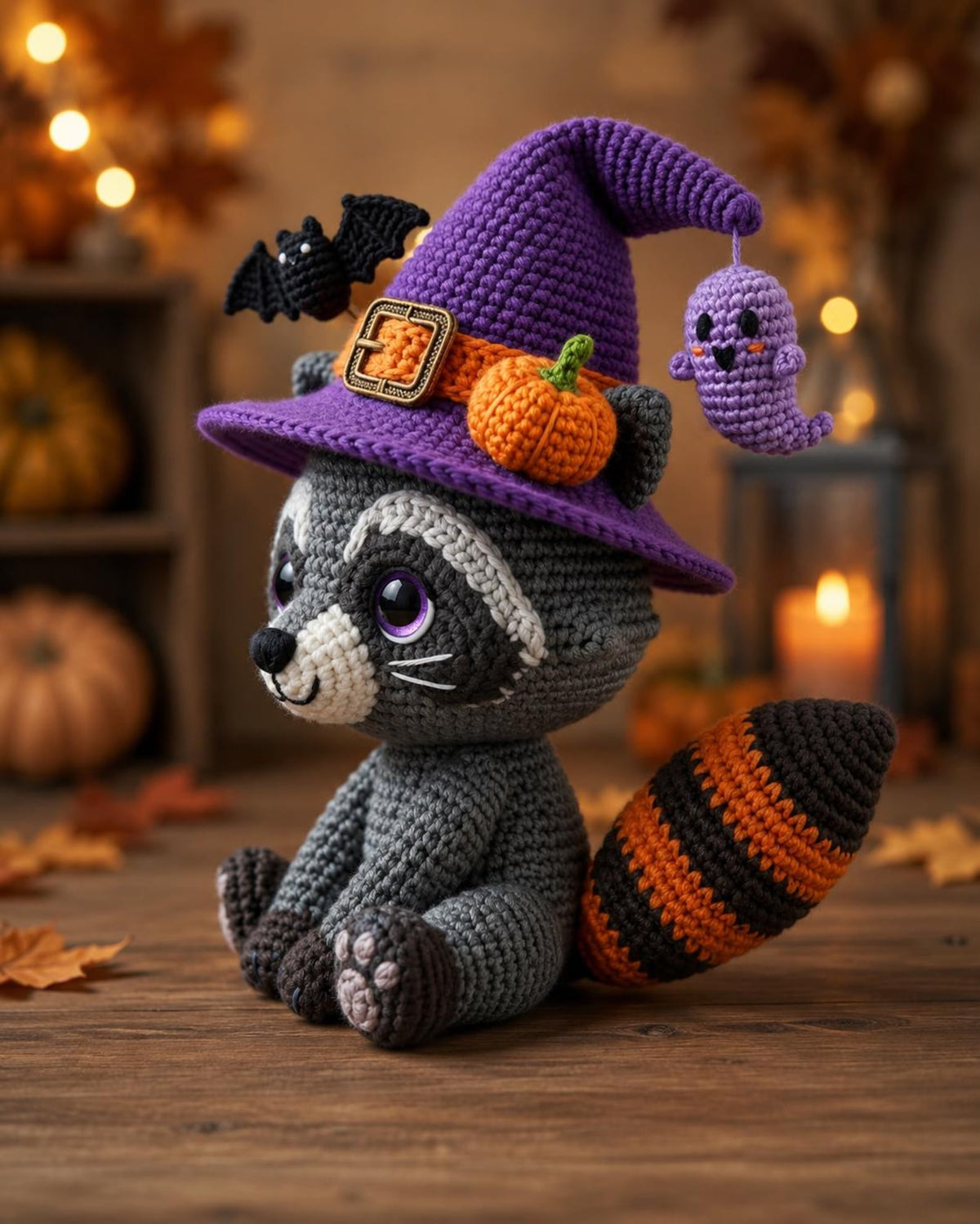 Crochet Witch Raccoon Amigurumi Plush, Halloween Raccoon with Witch Hat, Spooky Cute Ghost Bat Pumpkin Charm, Autumn Halloween Gift