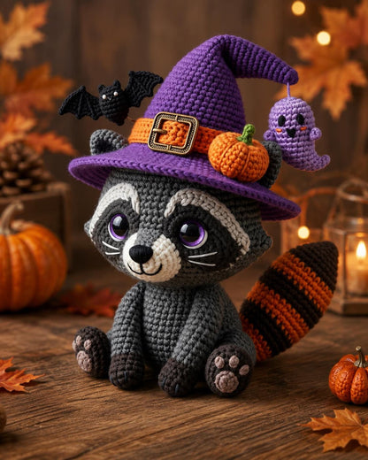 Crochet Witch Raccoon Amigurumi Plush, Halloween Raccoon with Witch Hat, Spooky Cute Ghost Bat Pumpkin Charm, Autumn Halloween Gift