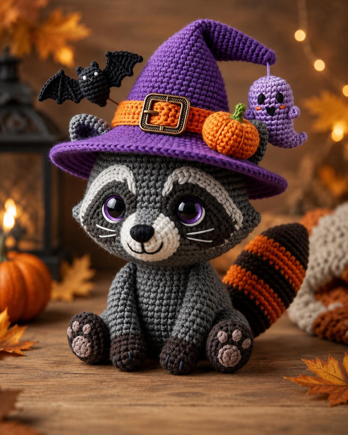 Crochet Witch Raccoon Amigurumi Plush, Halloween Raccoon with Witch Hat, Spooky Cute Ghost Bat Pumpkin Charm, Autumn Halloween Gift