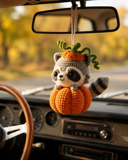 Cute Chubby Pumpkin Raccoon Crochet Car Hanging Accessory, Halloween Rearview Mirror Charm, Cute Raccoon Car Decor, Spooky Gift for Driver