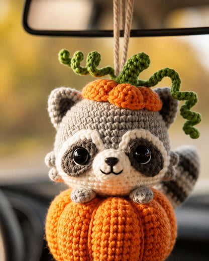 Cute Chubby Pumpkin Raccoon Crochet Car Hanging Accessory, Halloween Rearview Mirror Charm, Cute Raccoon Car Decor, Spooky Gift for Driver