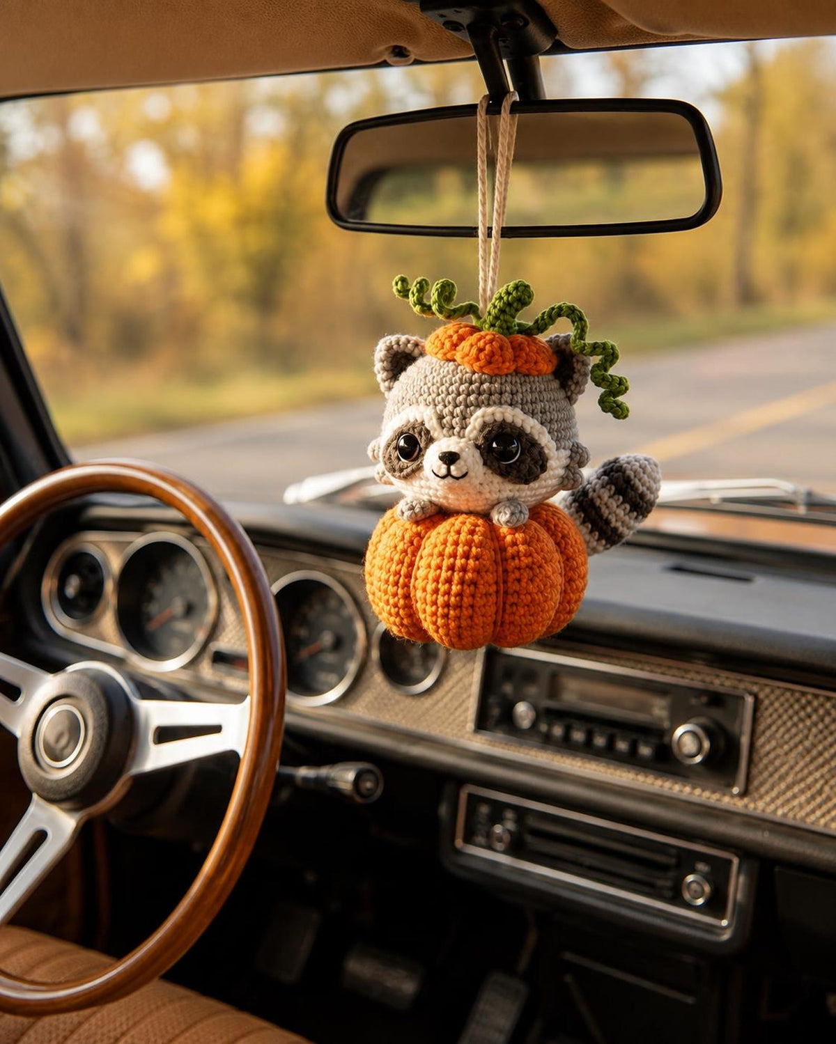 Cute Chubby Pumpkin Raccoon Crochet Car Hanging Accessory, Halloween Rearview Mirror Charm, Cute Raccoon Car Decor, Spooky Gift for Driver
