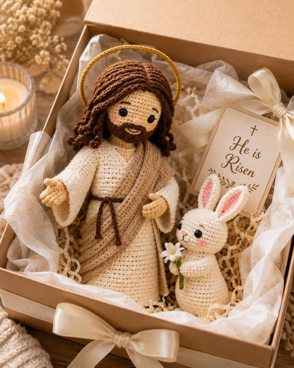 Crochet Jesus and Easter Bunny, Handmade Christian Easter Decor, He Is Risen Gift, Religious Amigurumi, Faith Gift, Spring Decor