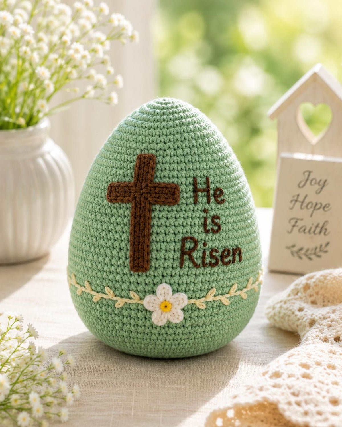 Crochet Easter Bunny and He Is Risen Egg, Christian Easter Decor, Handmade Religious Amigurumi, Resurrection Gift, Faith Easter Gift