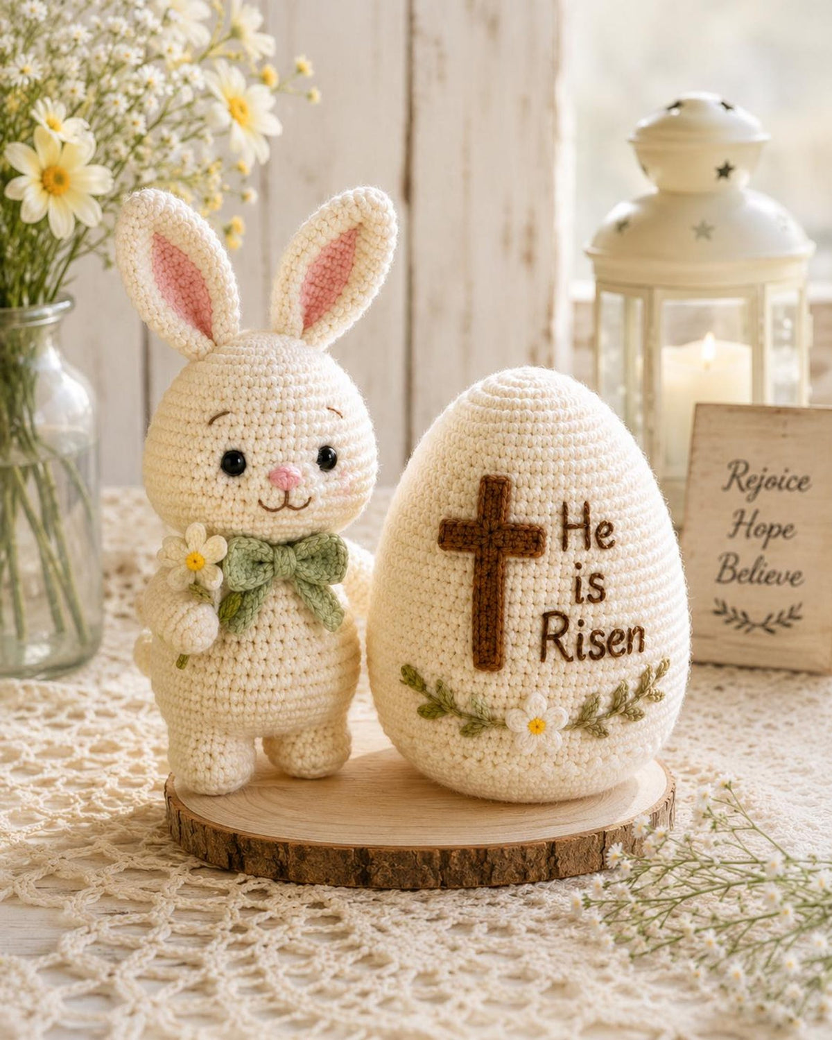 Crochet Easter Bunny and He Is Risen Egg, Christian Easter Decor, Handmade Religious Amigurumi, Resurrection Gift, Faith Easter Gift
