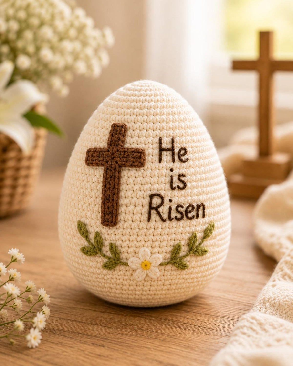 Crochet Easter Bunny and He Is Risen Egg, Christian Easter Decor, Handmade Religious Amigurumi, Resurrection Gift, Faith Easter Gift