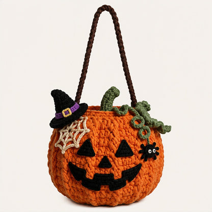 Handmade Crochet Halloween Pumpkin Candy Bag, Kids Trick or Treat Bag, Witch Hat Pumpkin Purse, Halloween Gift for Children