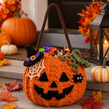 Handmade Crochet Halloween Pumpkin Candy Bag, Kids Trick or Treat Bag, Witch Hat Pumpkin Purse, Halloween Gift for Children