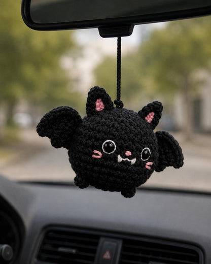 Crochet Bat Car Rearview Mirror Hanging Ornament Pair, Black and Purple Cute Spooky Car Accessories, Handmade Amigurumi Bats Decor