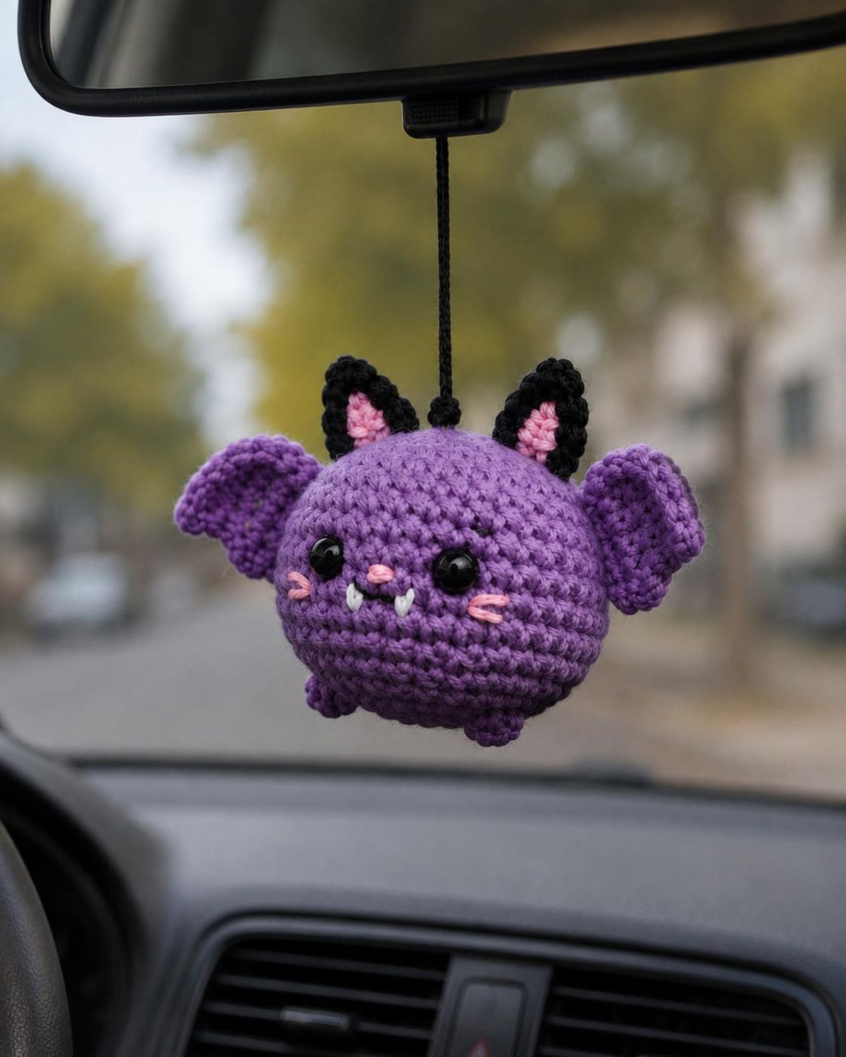 Crochet Bat Car Rearview Mirror Hanging Ornament Pair, Black and Purple Cute Spooky Car Accessories, Handmade Amigurumi Bats Decor