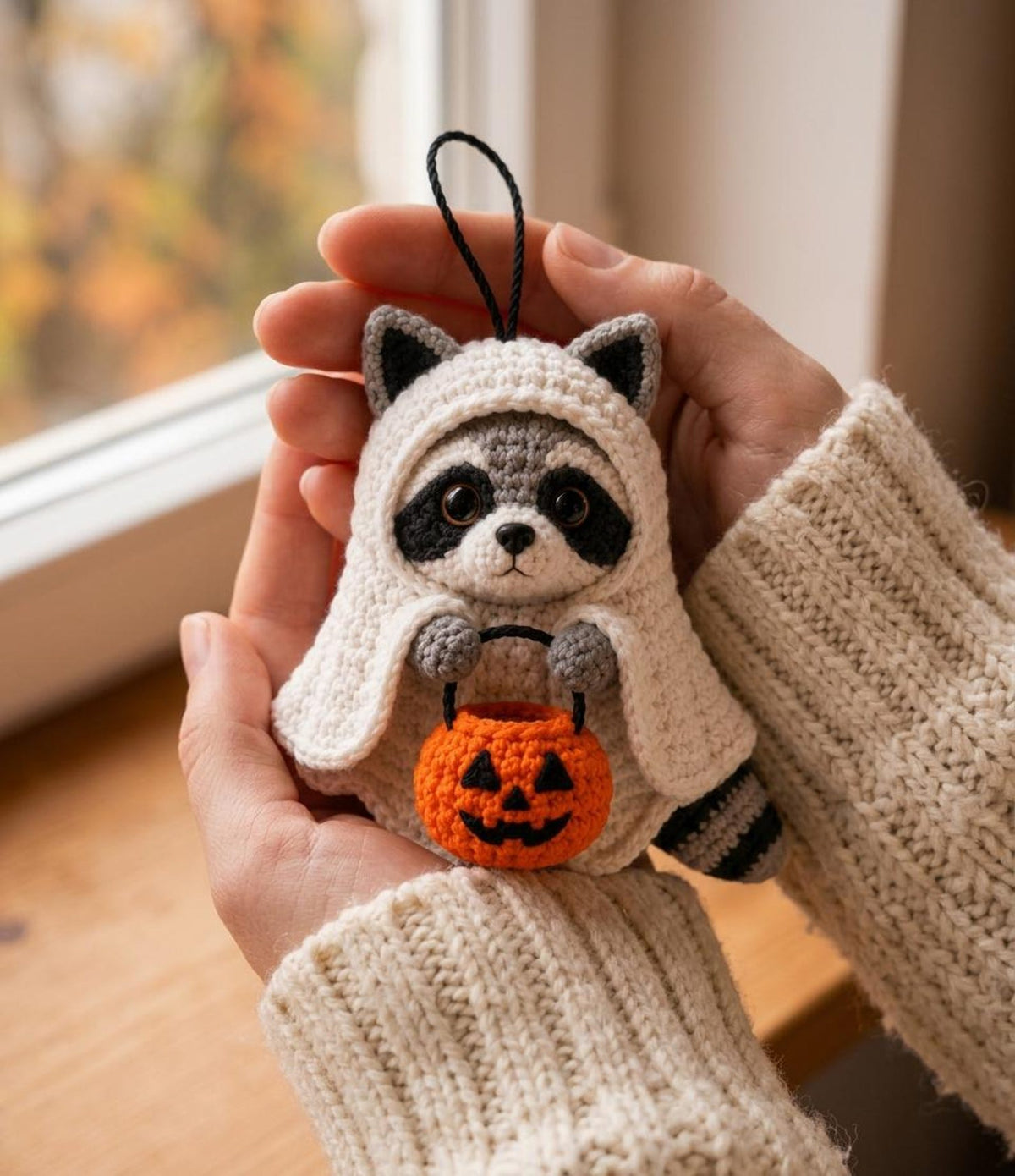 Halloween Crochet Raccoon Car Charm, Cute Ghost Raccoon with Pumpkin Basket, Rearview Mirror Ornament, Fall Car Decor Gift
