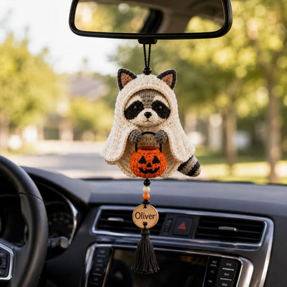Halloween Crochet Raccoon Car Charm, Cute Ghost Raccoon with Pumpkin Basket, Rearview Mirror Ornament, Fall Car Decor Gift