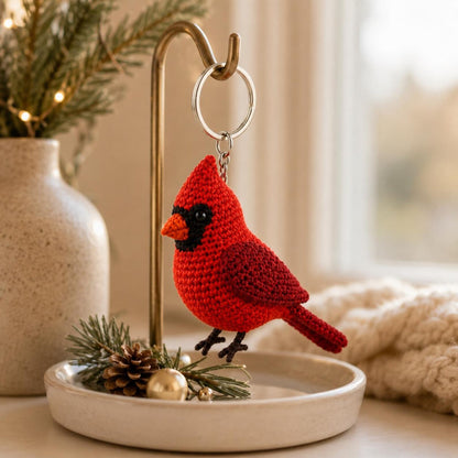 Crochet Cardinal Car Charm, Red Bird Rearview Mirror Accessory, Handmade Amigurumi Cardinal Keychain, Memorial Bird Lover Gift, Bag Charm