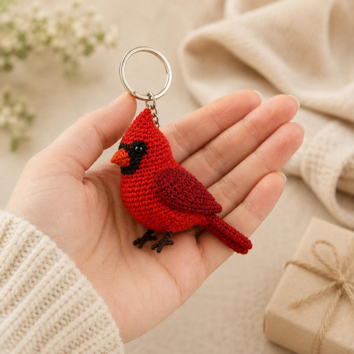 Crochet Cardinal Car Charm, Red Bird Rearview Mirror Accessory, Handmade Amigurumi Cardinal Keychain, Memorial Bird Lover Gift, Bag Charm