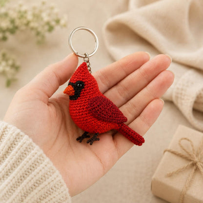 Crochet Cardinal Car Charm, Red Bird Rearview Mirror Accessory, Handmade Amigurumi Cardinal Keychain, Memorial Bird Lover Gift, Bag Charm