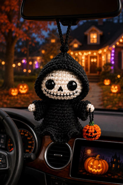 Crochet Grim Reaper Car Hanging, Halloween Rear View Mirror Charm, Goth Spooky Car Accessory, Cute Spooky Car Accessory,HalloweenGift