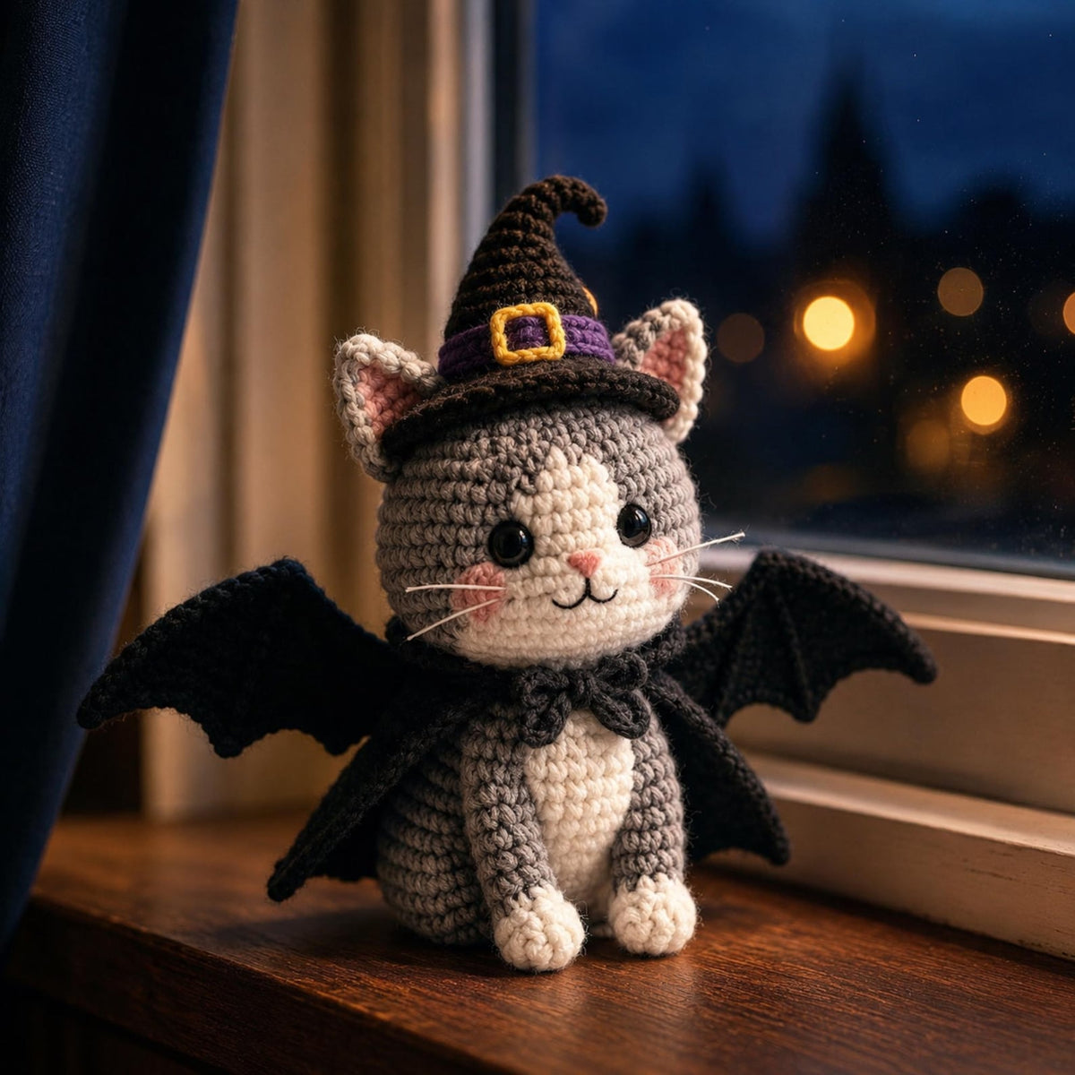 Handmade Crochet Witch Cat Amigurumi, Halloween Bat Kitten Plush, Spooky Halloween Decor, Witchy Cat Lover Gift, Cute Fall Home Decor