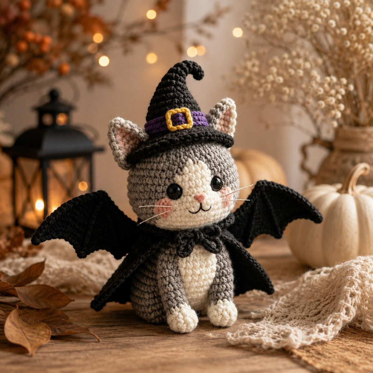Handmade Crochet Witch Cat Amigurumi, Halloween Bat Kitten Plush, Spooky Halloween Decor, Witchy Cat Lover Gift, Cute Fall Home Decor