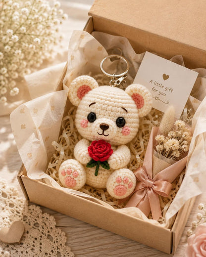 Crochet Bear Keychain, Cute Teddy Bear Bag Charm, Handmade Amigurumi Bear with Rose, Crochet Purse Charm, Birthday Gift for Her