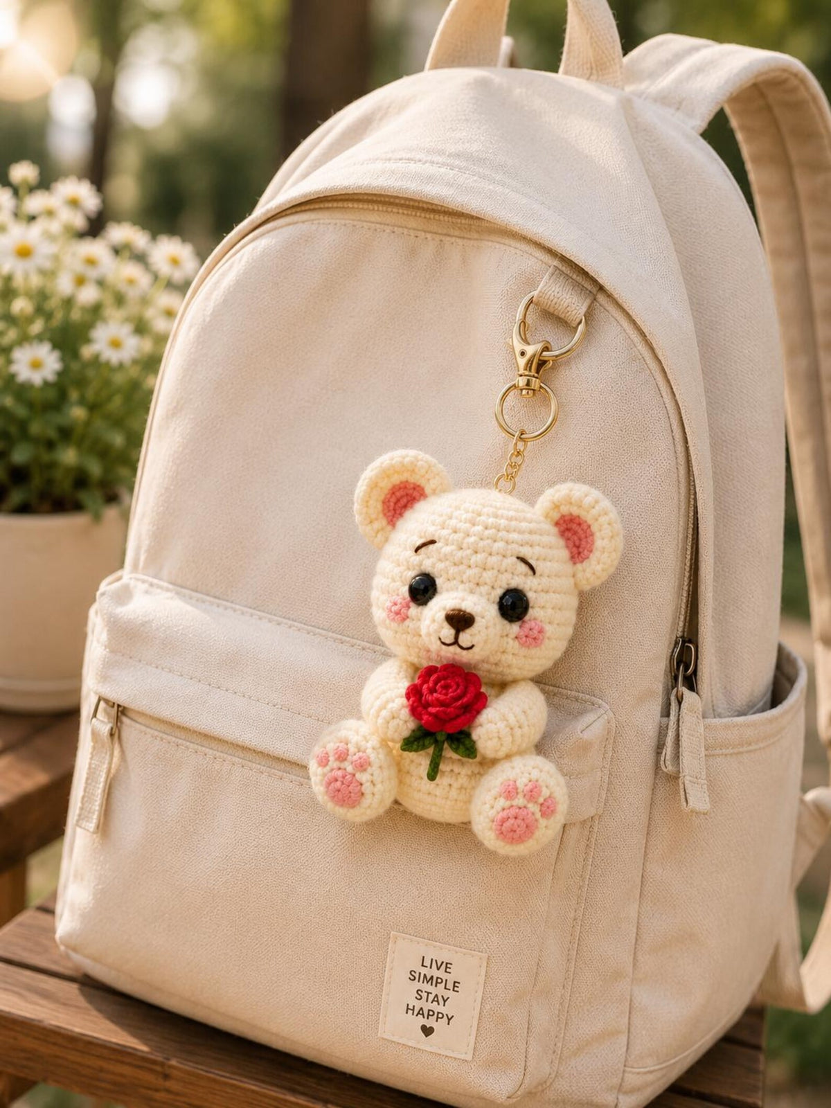 Crochet Bear Keychain, Cute Teddy Bear Bag Charm, Handmade Amigurumi Bear with Rose, Crochet Purse Charm, Birthday Gift for Her