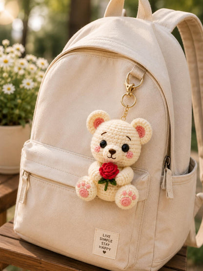 Crochet Bear Keychain, Cute Teddy Bear Bag Charm, Handmade Amigurumi Bear with Rose, Crochet Purse Charm, Birthday Gift for Her