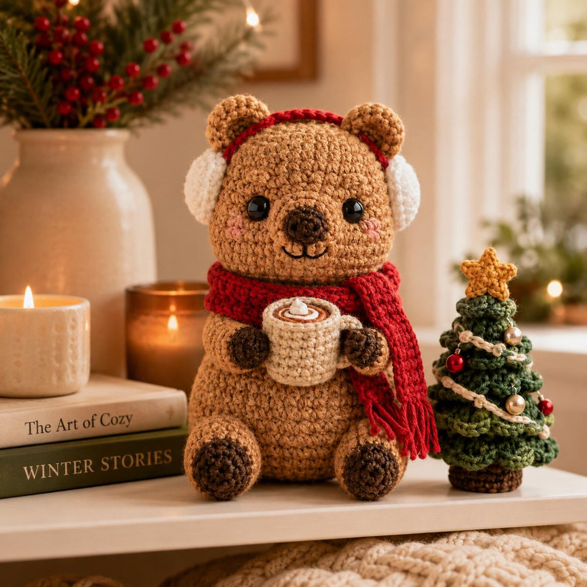 Crochet Christmas Quokka with Hot Cocoa & Earmuffs, Amigurumi Winter Bear, Handmade Holiday Decor, Cute Desk Pet, Christmas Gift Set
