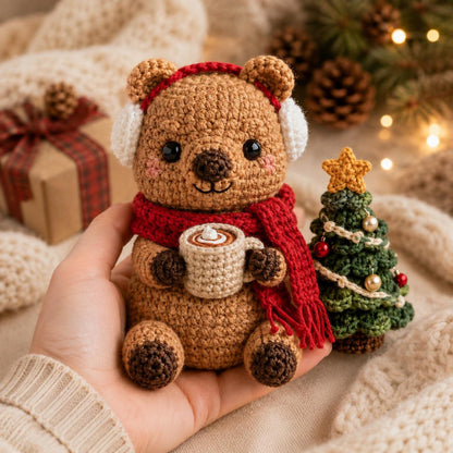 Crochet Christmas Quokka with Hot Cocoa & Earmuffs, Amigurumi Winter Bear, Handmade Holiday Decor, Cute Desk Pet, Christmas Gift Set